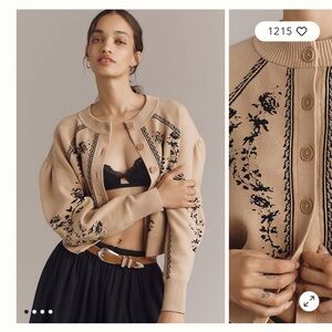 Anthropologie Tan Floral-Accent Ribbed Cardigan